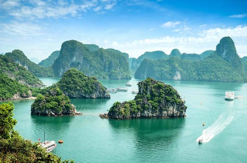 view of Ha Long Bay Vietnam, islands surrounded by water